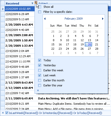 Date dropdown filter