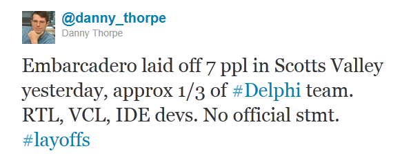Danny Thorpe tweet discussing Emarcadero layoffs