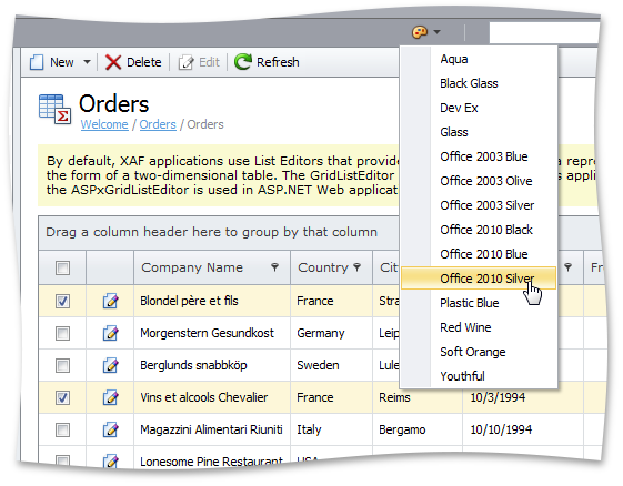 Web application showing the Silver theme