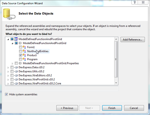 Use the Data Source Configuration Wizard to set the XtraPivotGrid's Fields