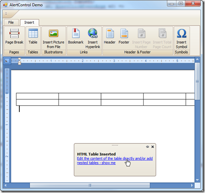 Click the AlertControl's text message to initiate an action