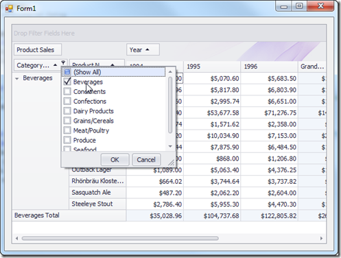 Pivot Grid Control with Beverages Category Checked