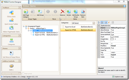 Run the RibbonControl designer to add ribbon items