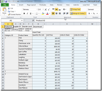 Data exported from teh XtraPivotGrid to MS Excel 2010