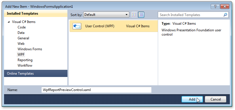 Adding a WPF User Control to the application