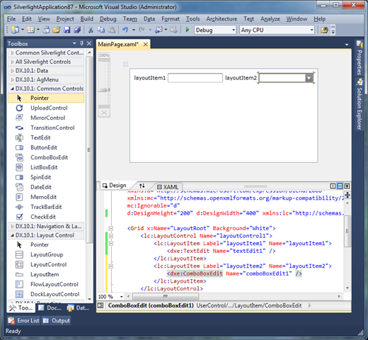 Silverlight Layout Control - Visual Studio 2010 - LayoutItem created for dropped control Silverlight Layout Control - Visual Studio 2010 - LayoutItem created for dropped control