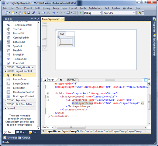Silverlight Layout Control - Visual Studio 2010 - Group dropped on a Tabbed Group Silverlight Layout Control - Visual Studio 2010 - Group dropped on a Tabbed Group