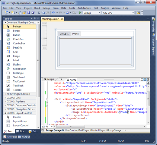 Silverlight Layout Control - Visual Studio 2010 - Control dropped on a Tabbed Group Silverlight Layout Control - Visual Studio 2010 - Control dropped on a Tabbed Group