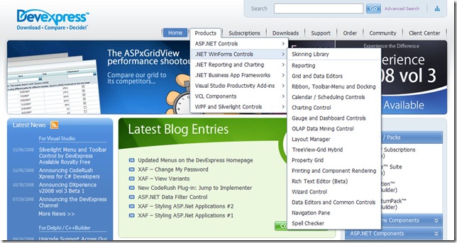 Updated Menus on the DevExpress Homepage