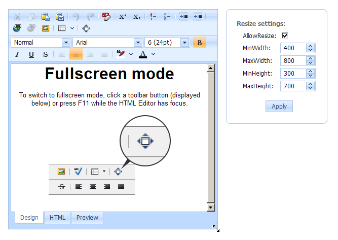 ASP.NET HTML Editor Full Screen Mode