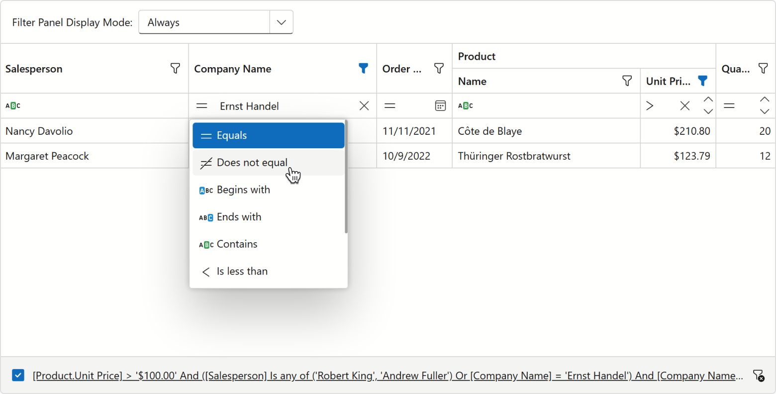 Grid — Filter Row criteria selector menu