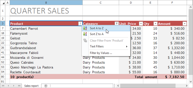 WinForms and WPF Spreadsheet: Sorting Data