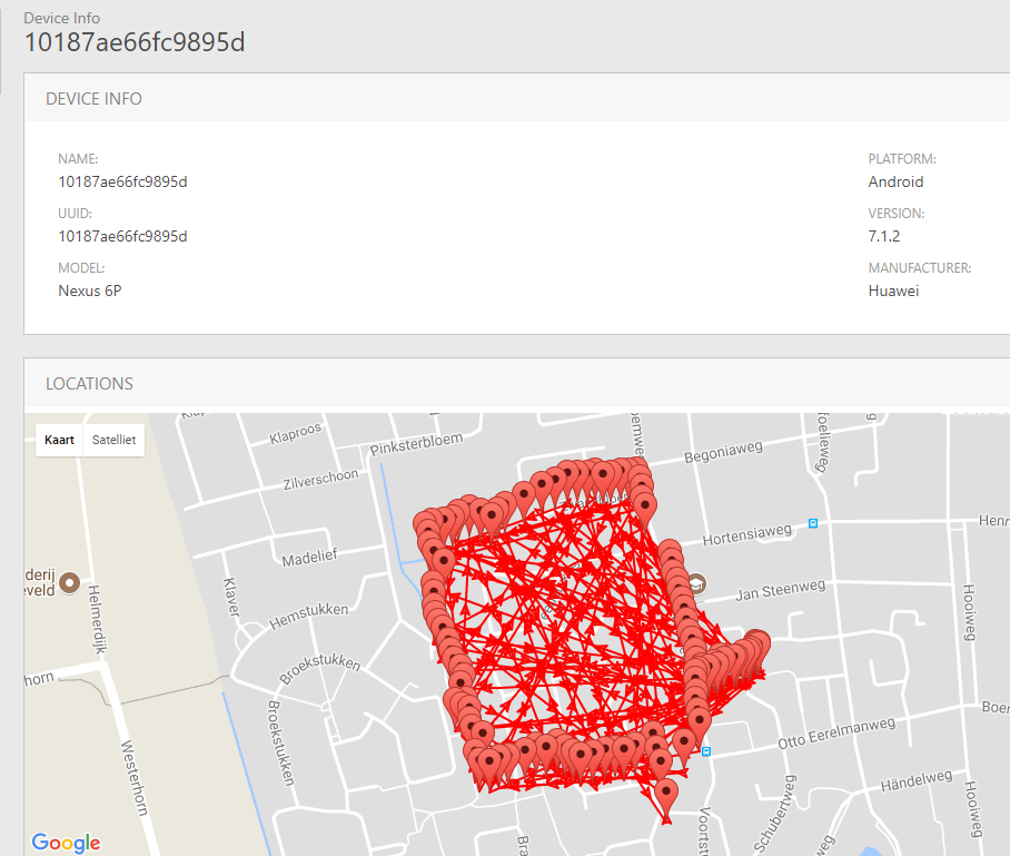 The mobile user's route on the map in a separate administrative XAF Web application