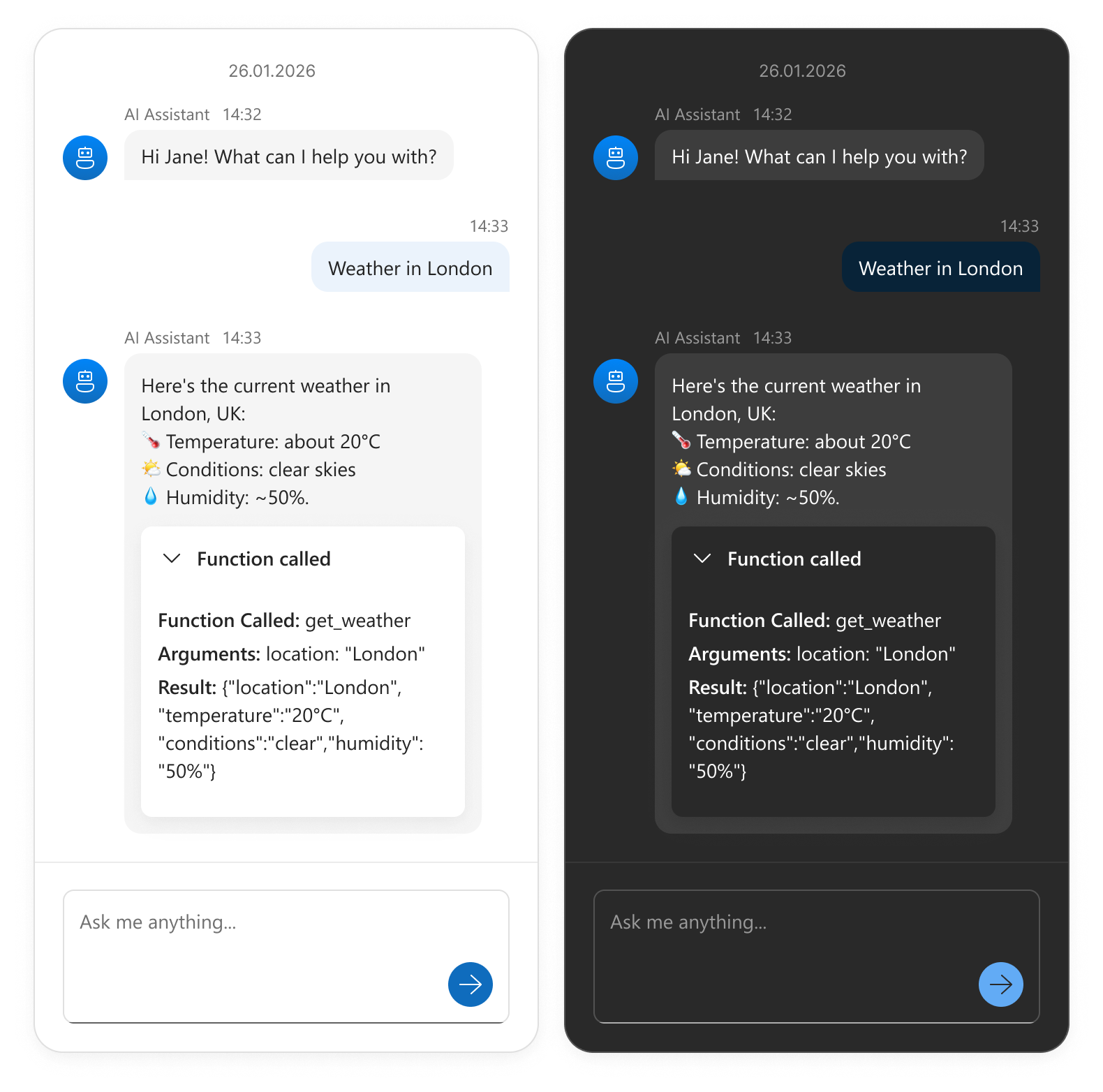 Two DevExtreme Chat components that display AI tool calling visualizations. The Chat on the left is in light mode, the Chat on the right is in dark mode.