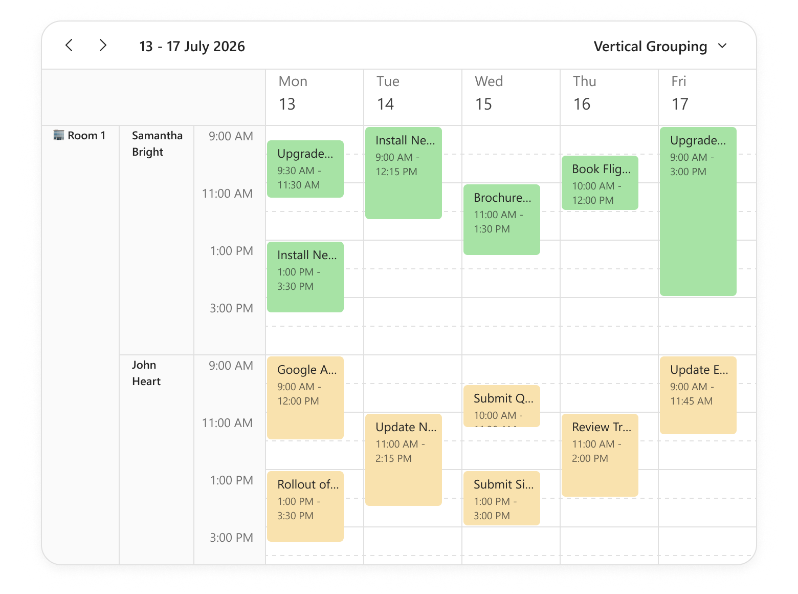 DevExtreme Scheduler that displays appointments in hierarchical groups. Appointments are grouped by rooms, then by assignees.