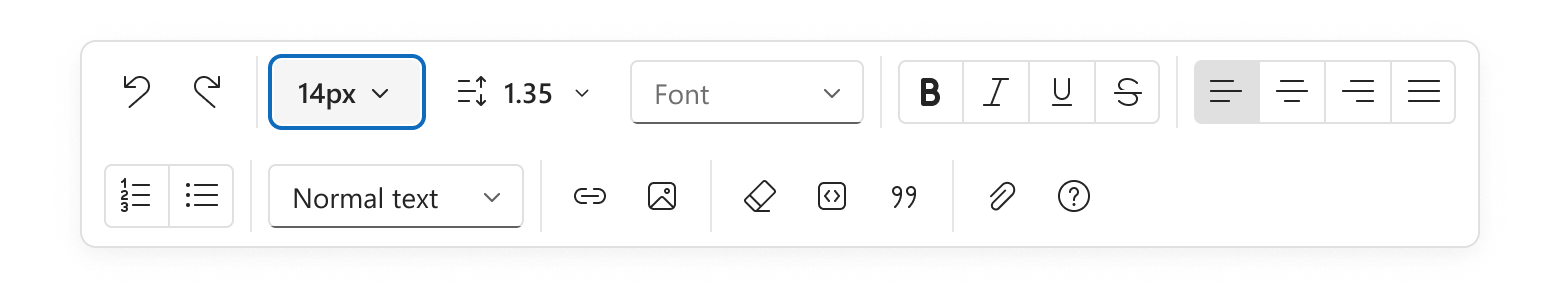 DevExtreme Toolbar that displays a blue outline around the focused item. The component contains text formatting and editing controls, and the focused item changes font size.