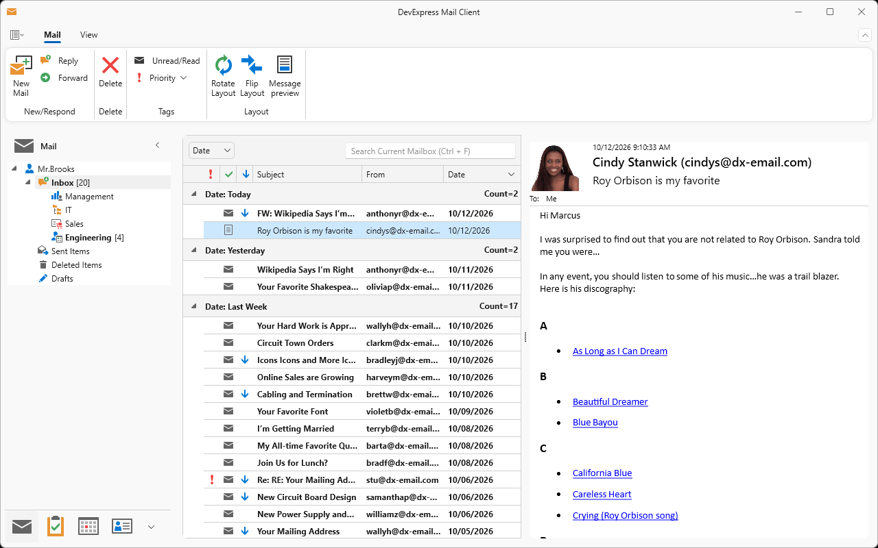 DevExpress Mail Client demo: source screenshot