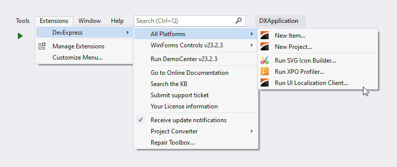Visual Studio Integration - UI Localization Client, DevExpress