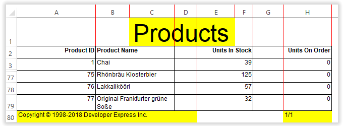 Excel file with overlapping header and footer controls, background colors
