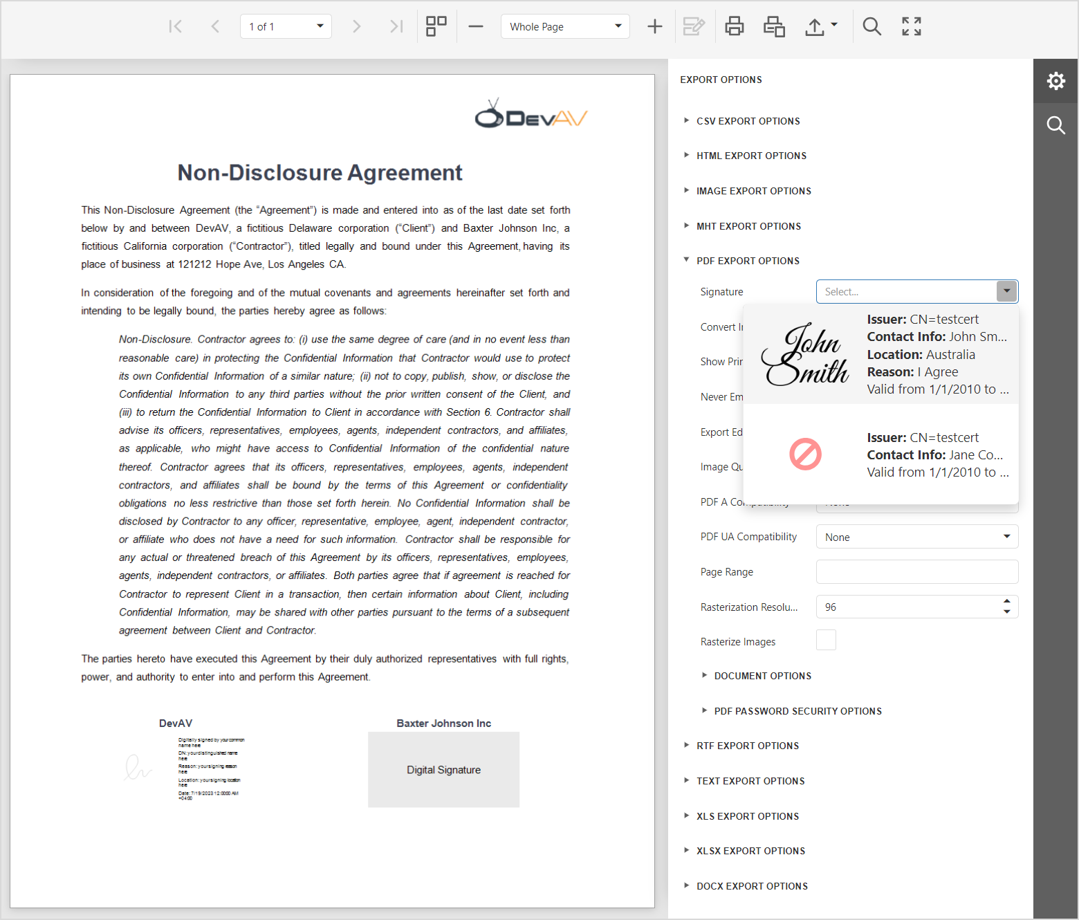 Web Document Viewer - Signature Options, DevExpress