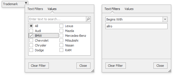 WinForms Grid v16.2 String Filter Dropdown
