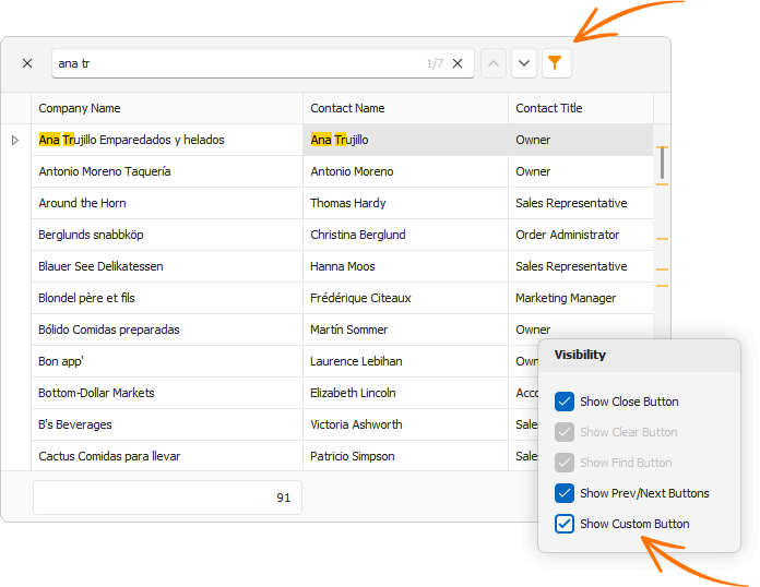 Custom UI Elements within the Find Panel - WinForms Data Grid, DevExpress
