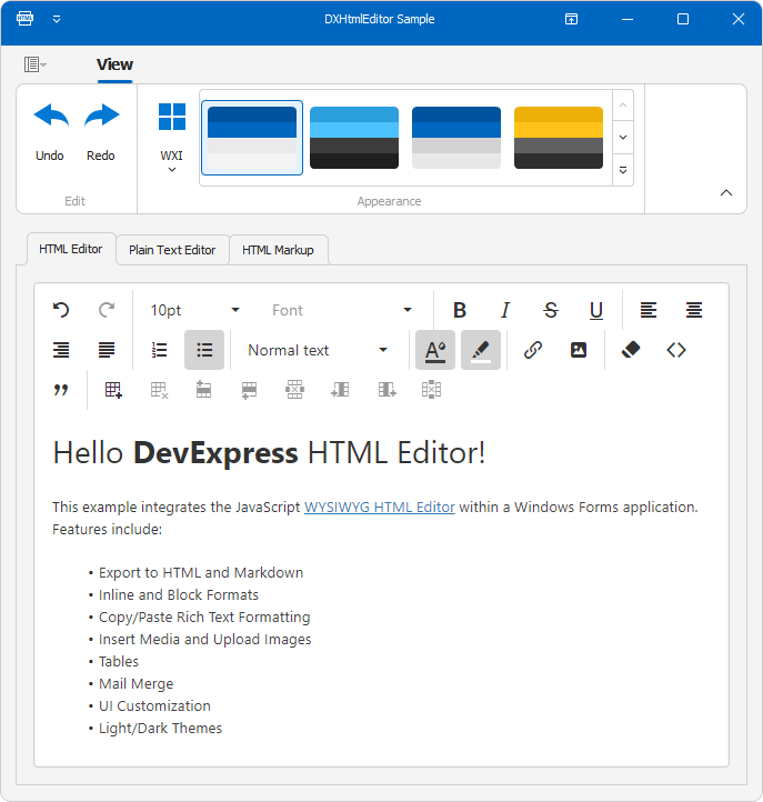 Integrate the DevExtreme JavaScript HTML Editor into a WinForms Application