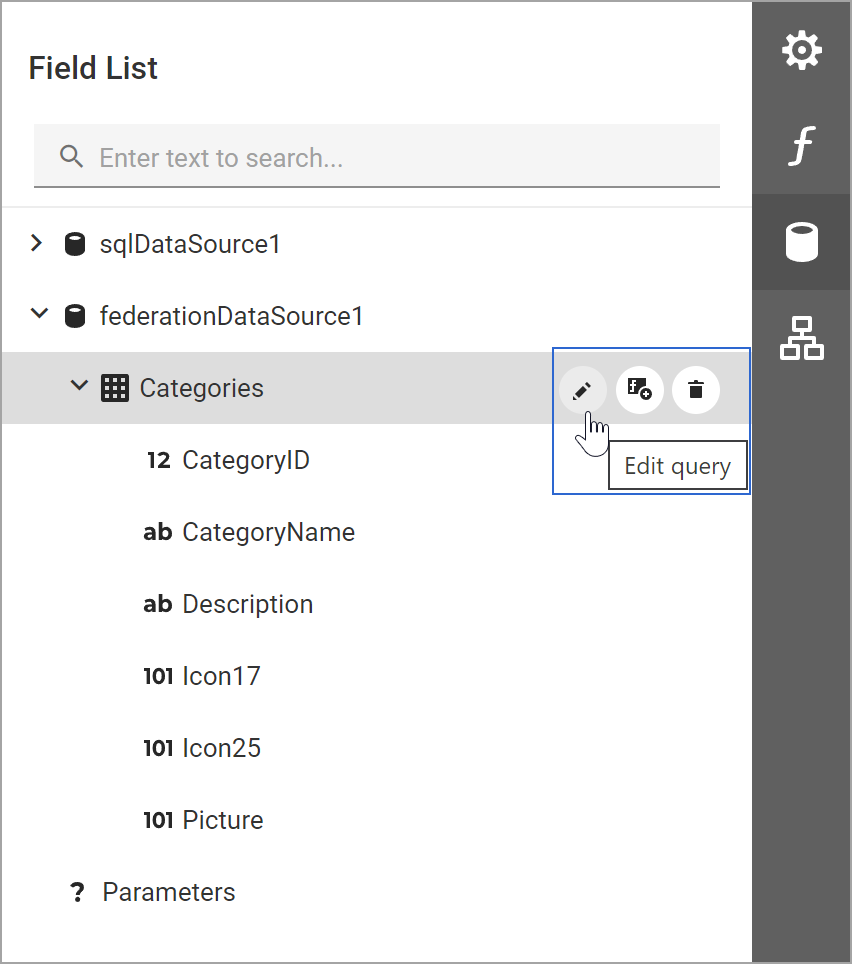Field List: Edit and Remove buttons for federated queries