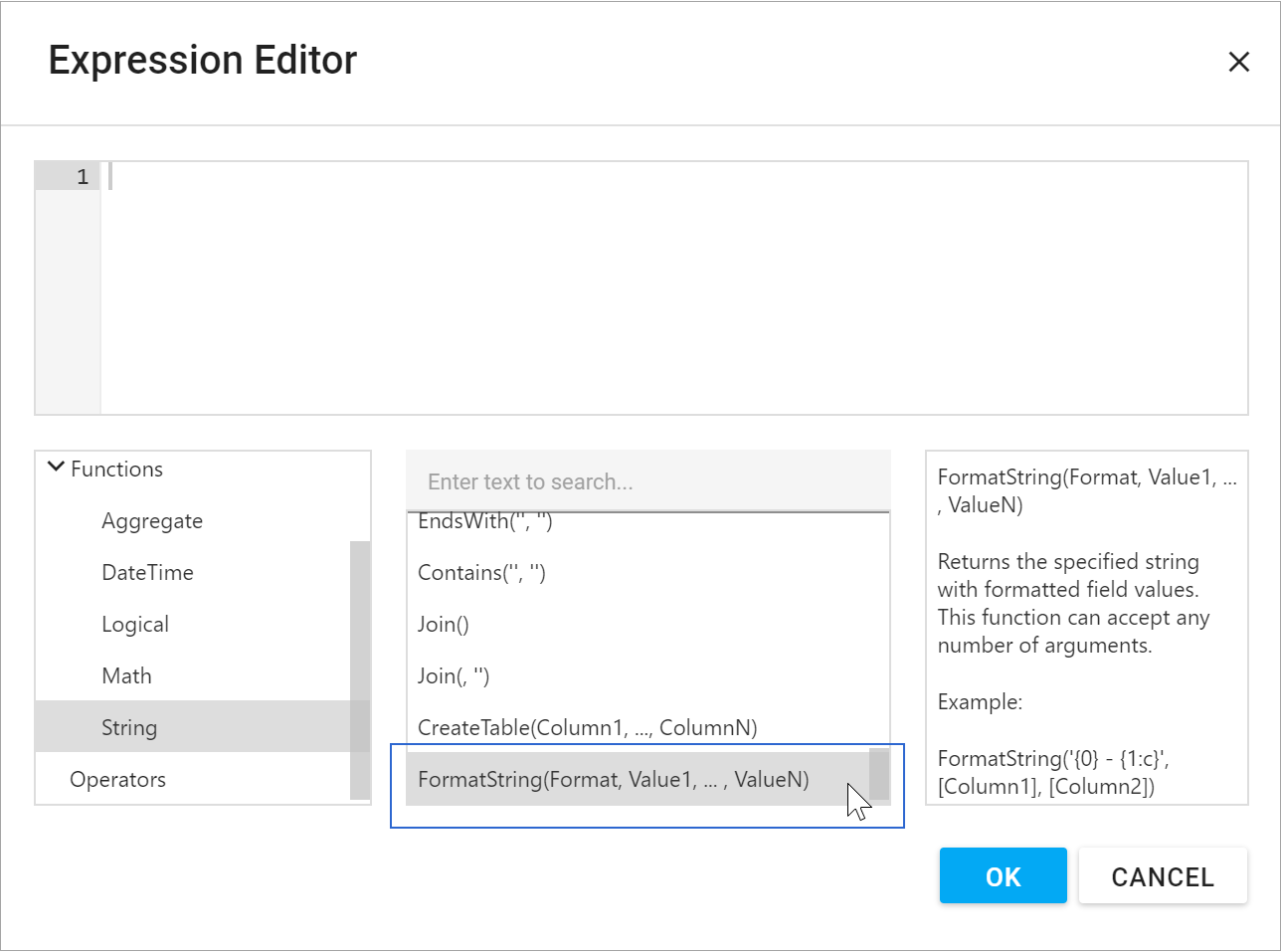 Expression Editor: the FormatString function for a query parameter of a report data source