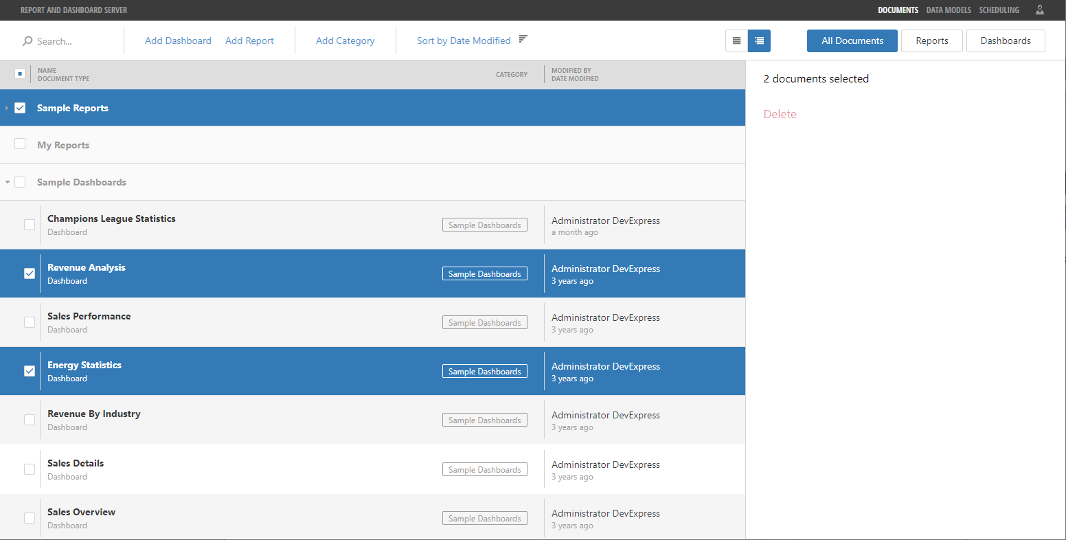Report & Dashboard Server - Document Categories View